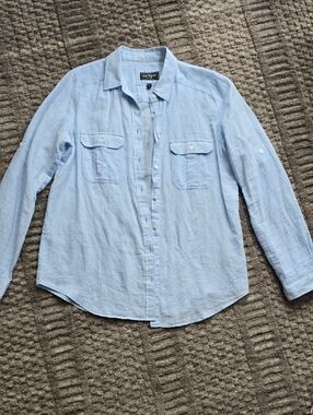 Express Women's Light Blue Linen-Cotton Button-Down Shirt | Small